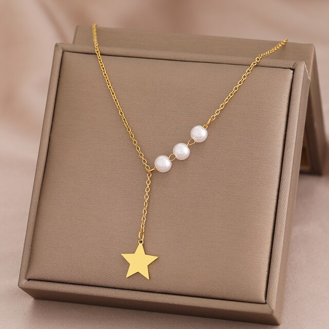 Star-Pearls  Chain Necklace Gold color